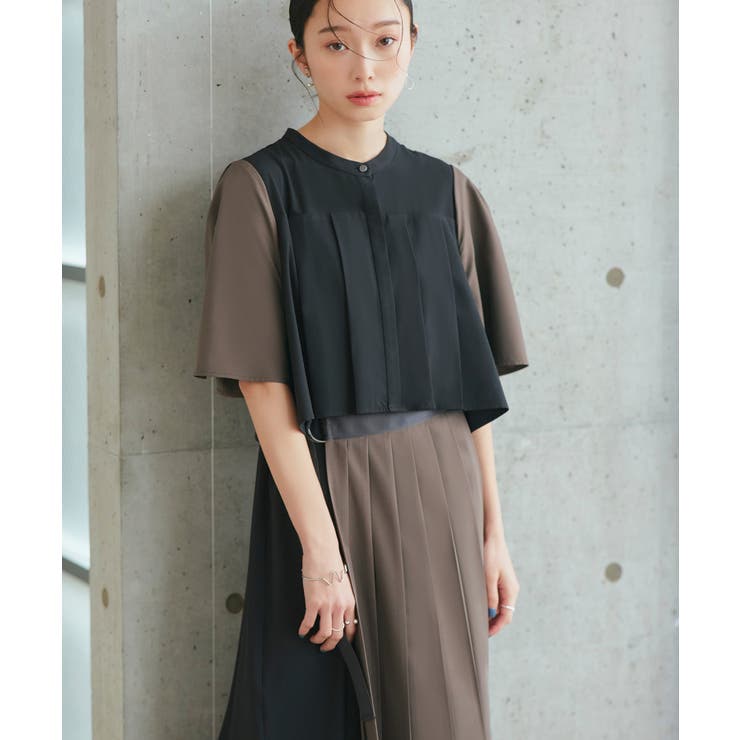 ブラック×チャコール(BLZ) | バイカラーシャツプリーツ半袖ワンピース | RUIRUE BOUTIQUE