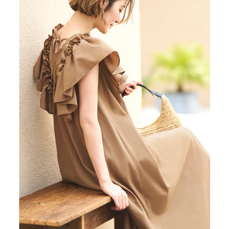 ベージュ(BE) | ショルダーフリルAラインリラクシーワンピース | RUIRUE BOUTIQUE