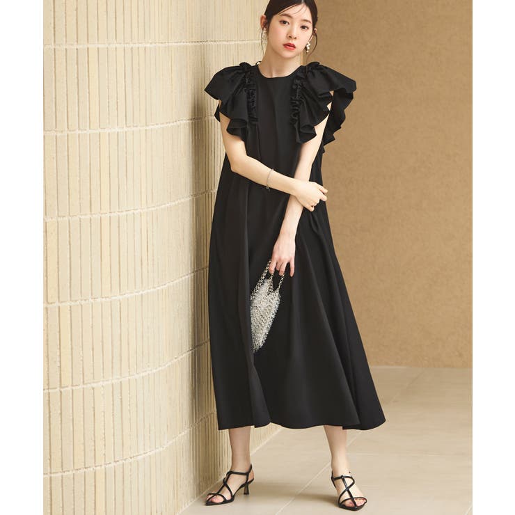 ブラック(BL) | ショルダーフリルAラインリラクシーワンピース | RUIRUE BOUTIQUE
