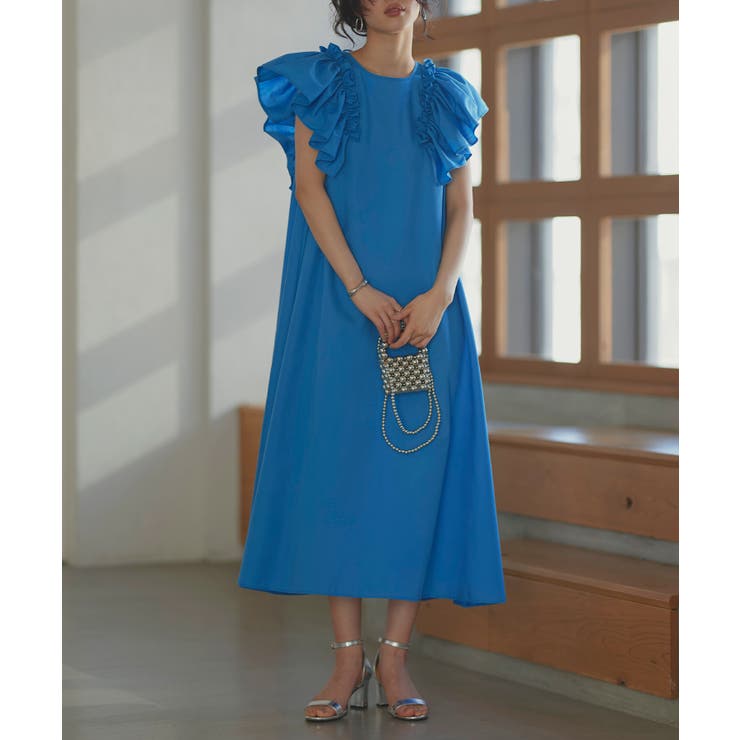 ブルー(BU) | ショルダーフリルAラインリラクシーワンピース | RUIRUE BOUTIQUE