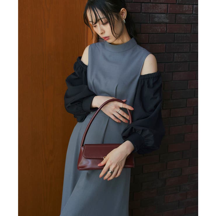 グレー×ブラック(GYZ) | 【ストレッチ/2way】袖配色オープンショルダーフレアワンピース | RUIRUE BOUTIQUE