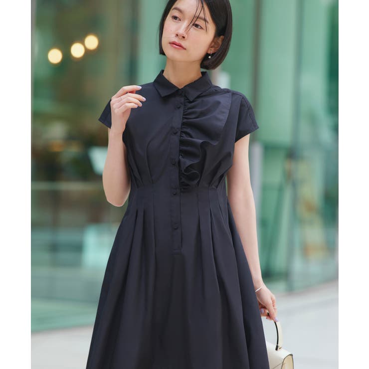 ブラック(BL) | ワンサイドフリルフレンチスリーブシャツワンピース | RUIRUE BOUTIQUE