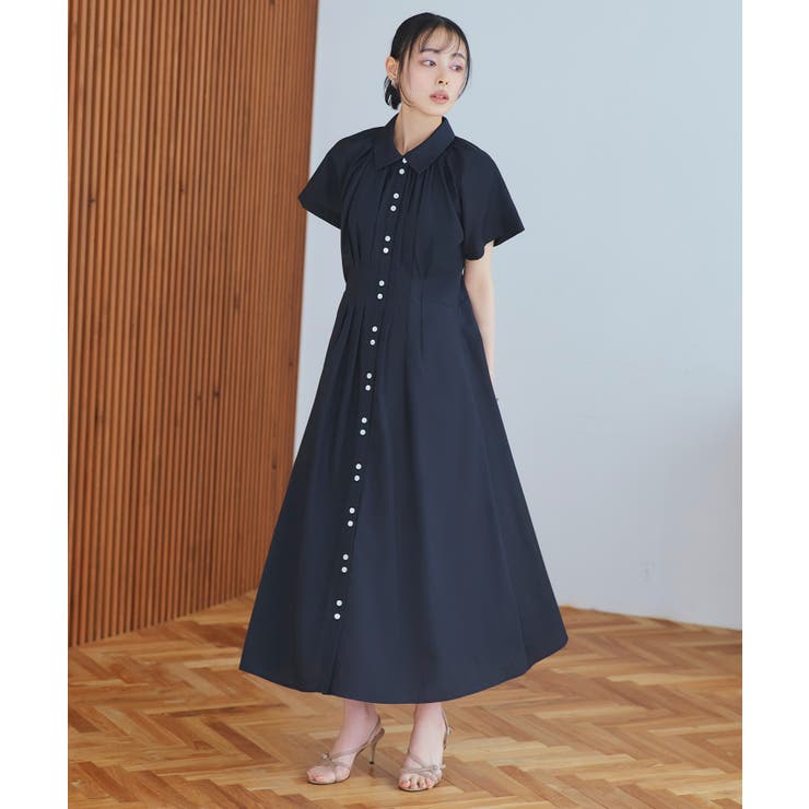 ブラック(BL) | 【洗える】タック＆フレア ロングシャツワンピース | RUIRUE BOUTIQUE