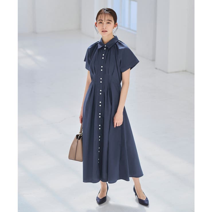 アッシュブルー(DNE) | 【洗える】タック＆フレア ロングシャツワンピース | RUIRUE BOUTIQUE