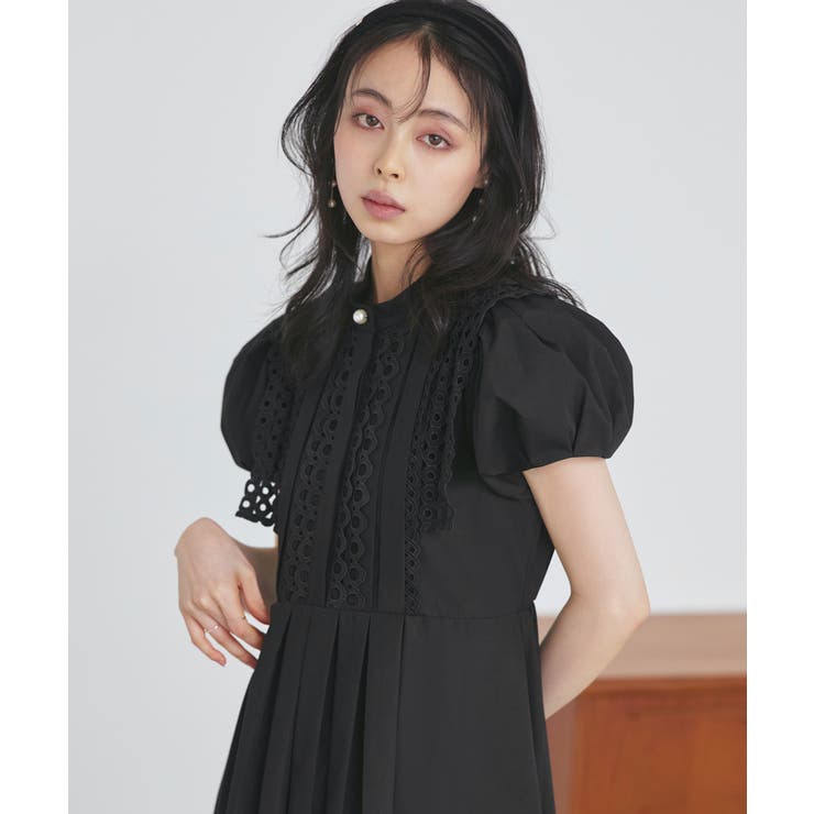 ブラック(BL) | スタンドカラーレースシャツワンピース | RUIRUE BOUTIQUE