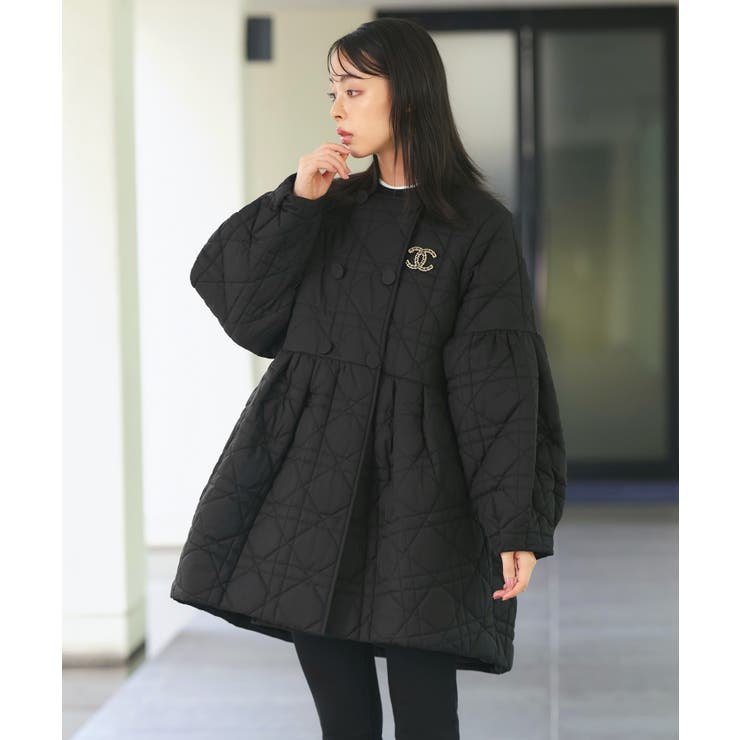 ブラック(BL) | ミックスステッチ・ボリュームペプラム中綿コート | RUIRUE BOUTIQUE