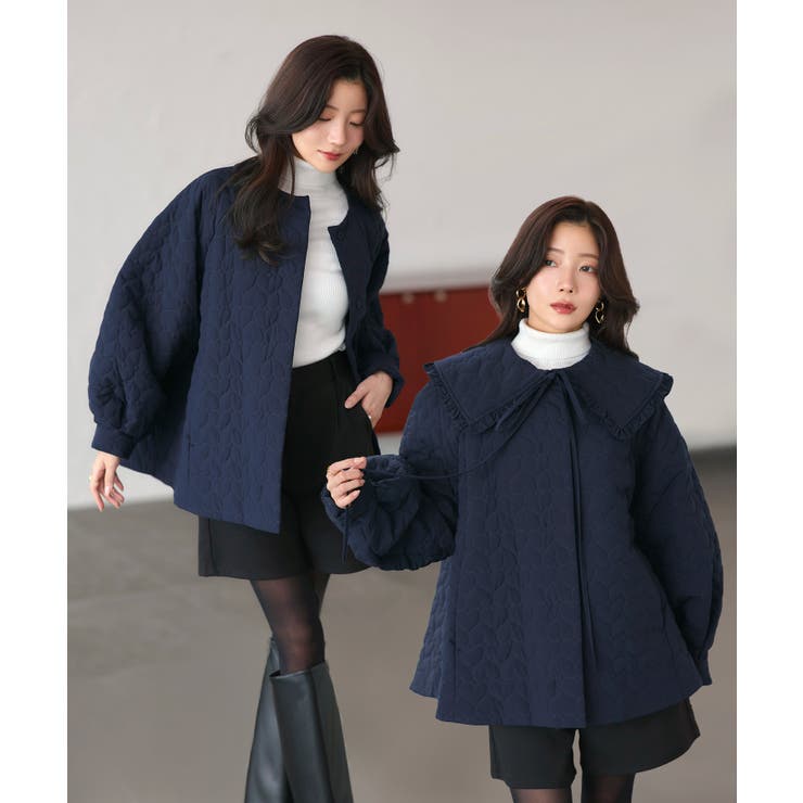 ネイビー(NE) | 襟付き中綿キルティングAラインコート | RUIRUE BOUTIQUE