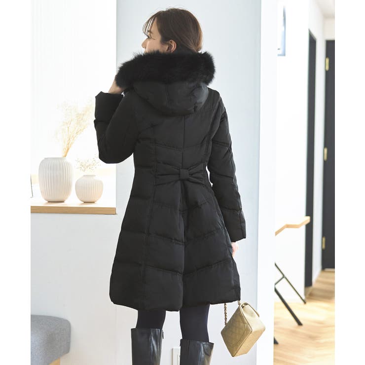 リボン/ブラック(B) | フォックスファーバッスルスタイルダウンコート | RUIRUE BOUTIQUE