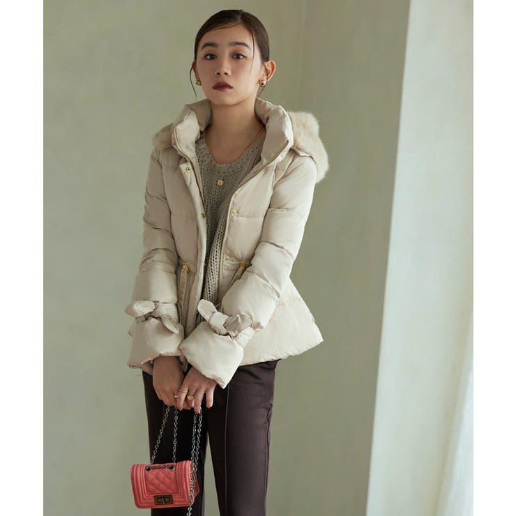 ライトベージュ(BE) | ラビットファーフードショートダウンジャケット | RUIRUE BOUTIQUE
