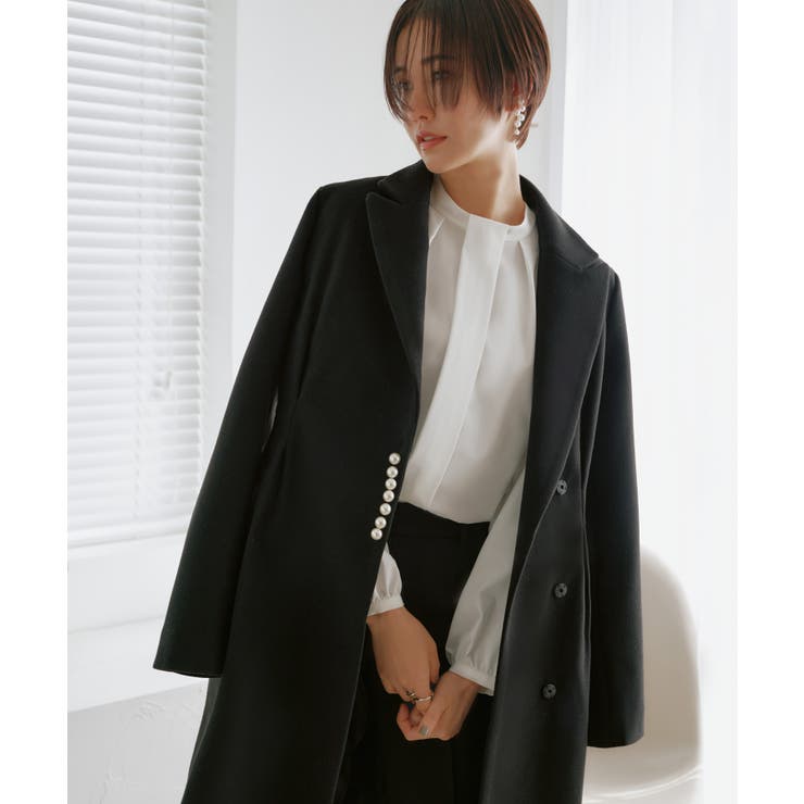ブラック(BL) | ニットメルトンパールデザインチェスターコート | RUIRUE BOUTIQUE