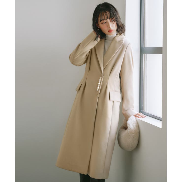 サンドベージュ(PBE) | ニットメルトンパールデザインチェスターコート | RUIRUE BOUTIQUE