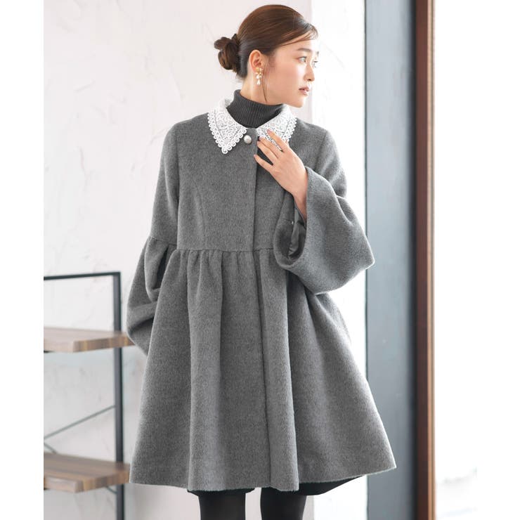 グレー(GY) | レース襟付きウールコート | RUIRUE BOUTIQUE
