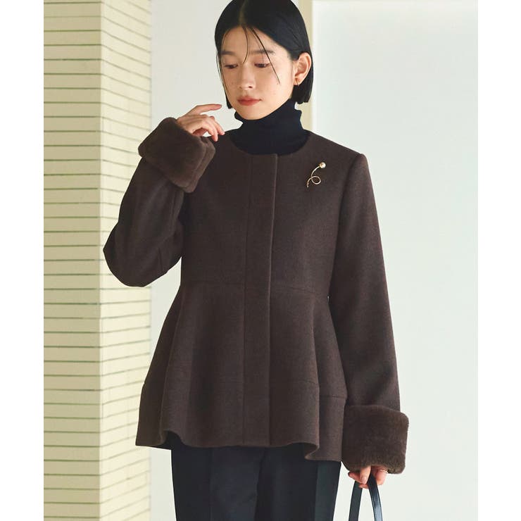 ブラウン(BR) | ニットメルトンコクーンペプラムショートコート | RUIRUE BOUTIQUE