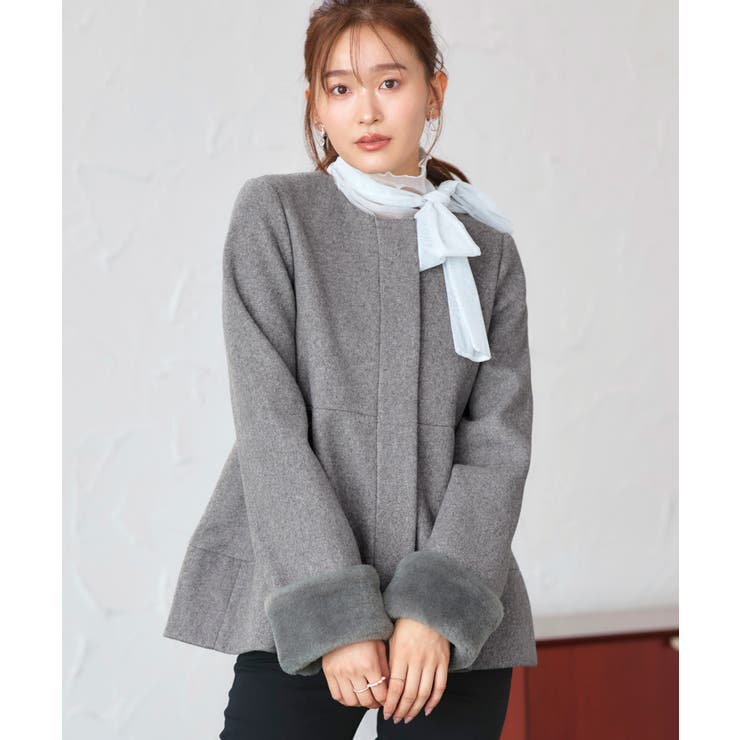 グレー(GY) | ニットメルトンコクーンペプラムショートコート | RUIRUE BOUTIQUE