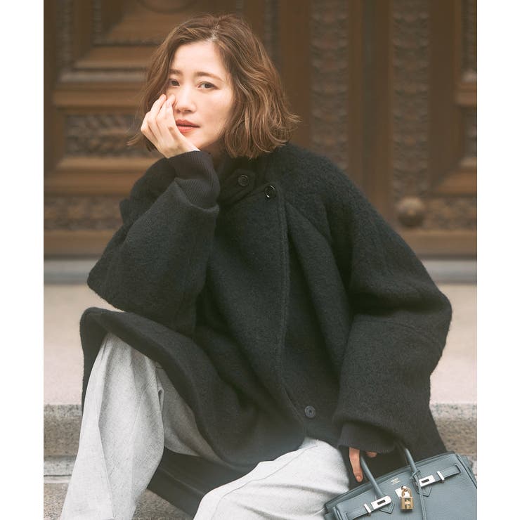 ブラック(BL) | 【日本生地】ウールモヘアブレンドヘアリーコクーンコート | RUIRUE BOUTIQUE