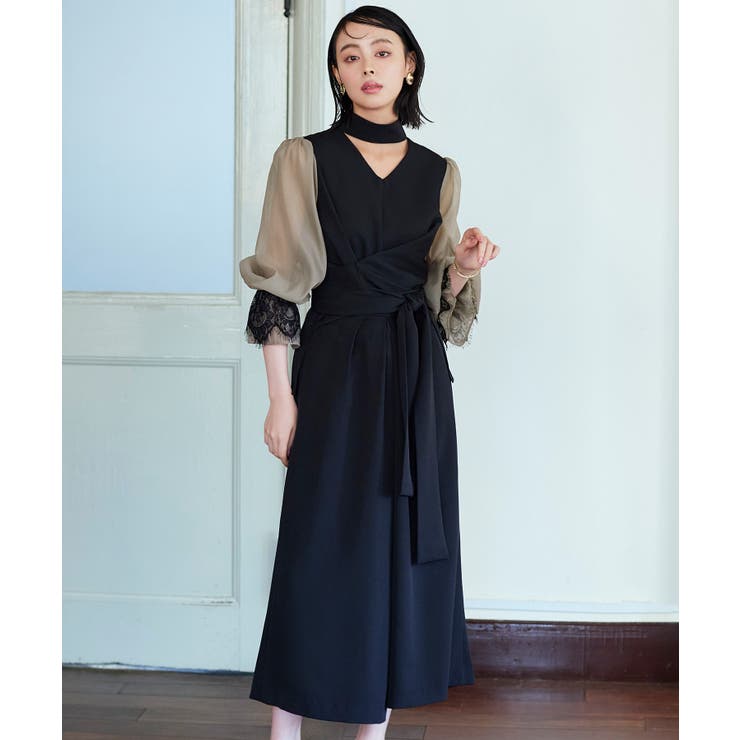 ブラック×ベージュ(BLZ) | 【全脱ぎ回避】シアースリーブバックセパレートパンツドレス | RUIRUE BOUTIQUE