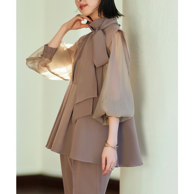 ボウタイ付きオーガンジースリーブタックフレアトップス＆スリムテーパードパンツ | RUIRUE BOUTIQUE | 詳細画像2 
