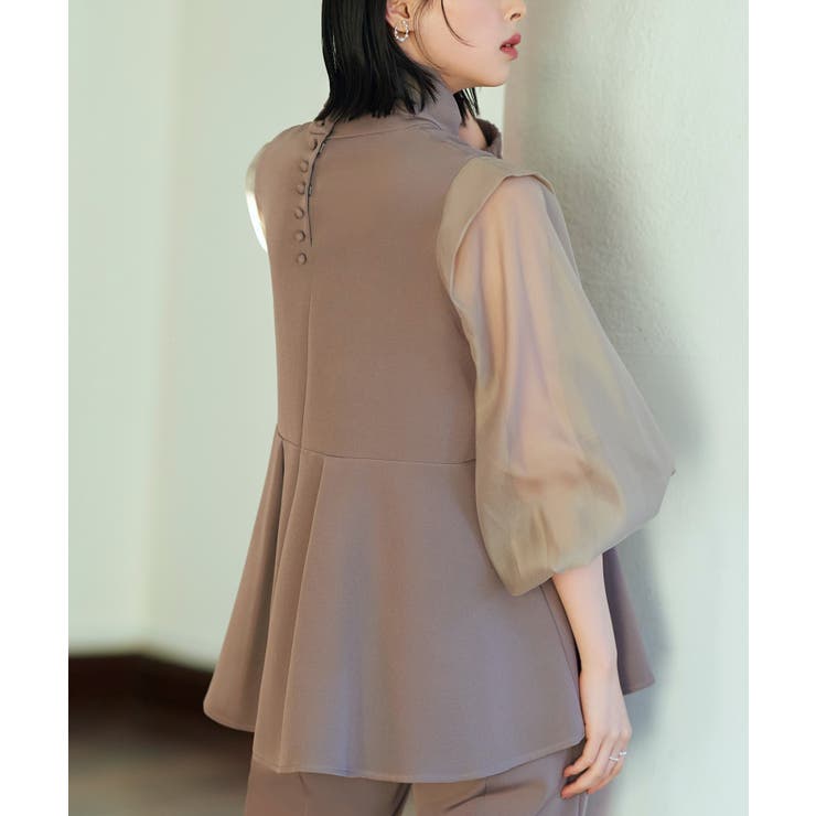 ボウタイ付きオーガンジースリーブタックフレアトップス＆スリムテーパードパンツ | RUIRUE BOUTIQUE | 詳細画像3 