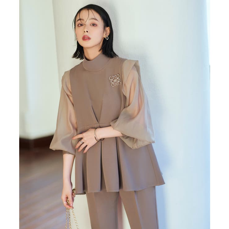 ボウタイ付きオーガンジースリーブタックフレアトップス＆スリムテーパードパンツ | RUIRUE BOUTIQUE | 詳細画像4 