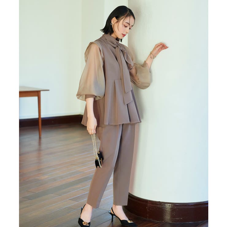 ボウタイ付きオーガンジースリーブタックフレアトップス＆スリムテーパードパンツ | RUIRUE BOUTIQUE | 詳細画像5 