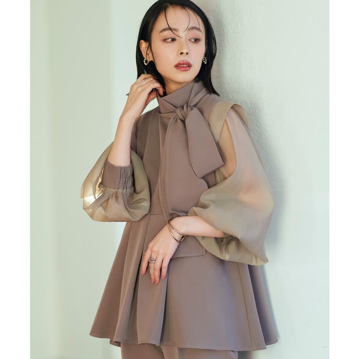 ボウタイ付きオーガンジースリーブタックフレアトップス＆スリムテーパードパンツ | RUIRUE BOUTIQUE | 詳細画像6 