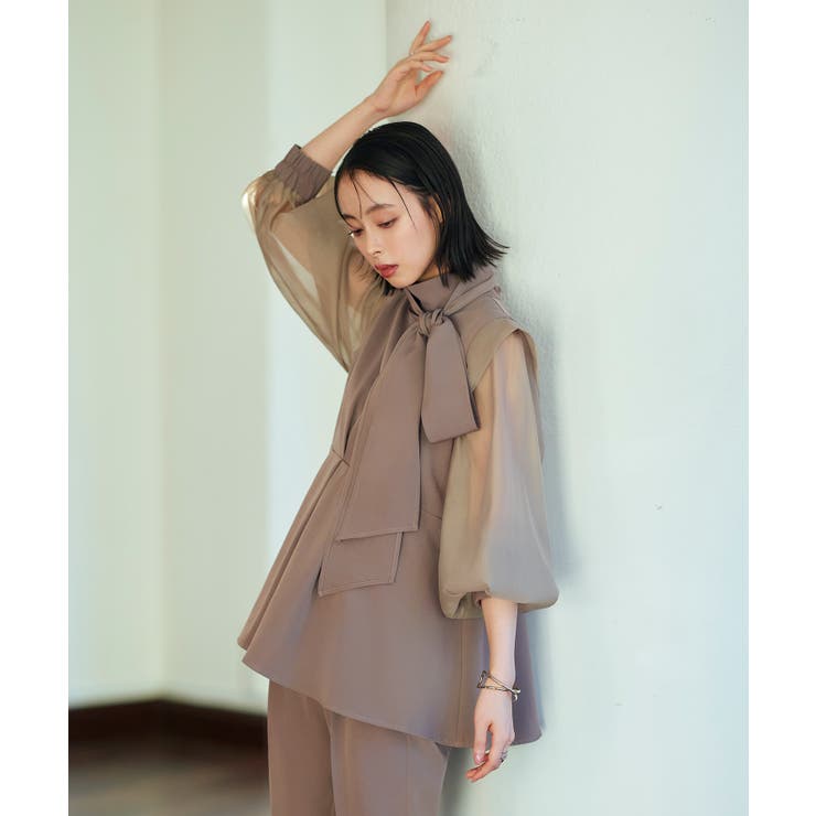 ボウタイ付きオーガンジースリーブタックフレアトップス＆スリムテーパードパンツ | RUIRUE BOUTIQUE | 詳細画像7 