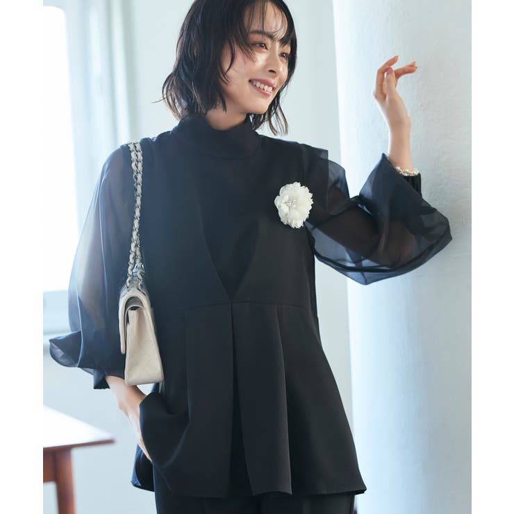 ボウタイ付きオーガンジースリーブタックフレアトップス＆スリムテーパードパンツ | RUIRUE BOUTIQUE | 詳細画像8 