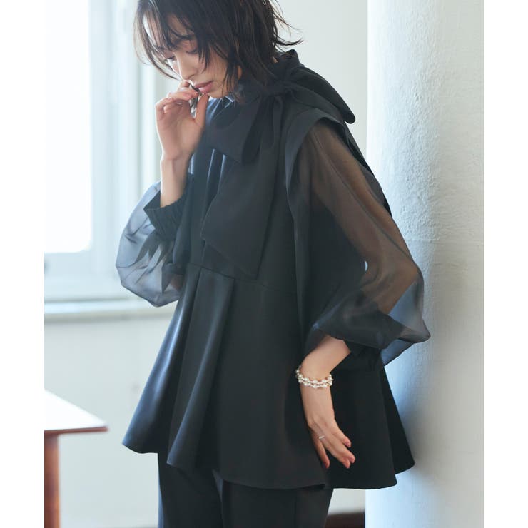 ボウタイ付きオーガンジースリーブタックフレアトップス＆スリムテーパードパンツ | RUIRUE BOUTIQUE | 詳細画像9 