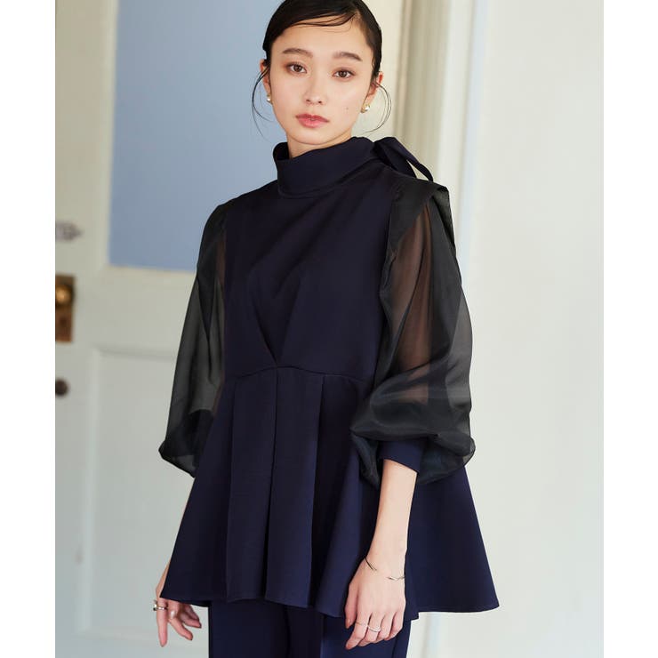 ネイビー(NE) | ボウタイ付きオーガンジースリーブタックフレアトップス＆スリムテーパードパンツ | RUIRUE BOUTIQUE