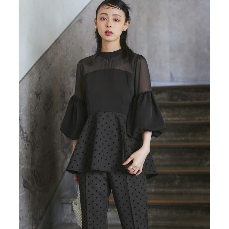 ブラック×ドット(BLZ) | ボリュームスリーブペプラムトップス＆テーパードパンツセットアップ | RUIRUE BOUTIQUE