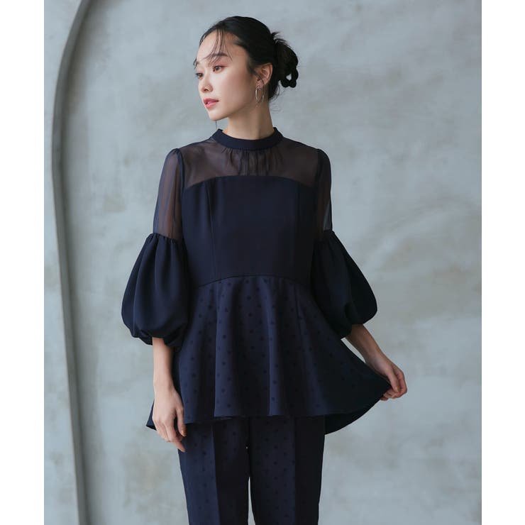 ネイビー×ドット(NEZ) | ボリュームスリーブペプラムトップス＆テーパードパンツセットアップ | RUIRUE BOUTIQUE