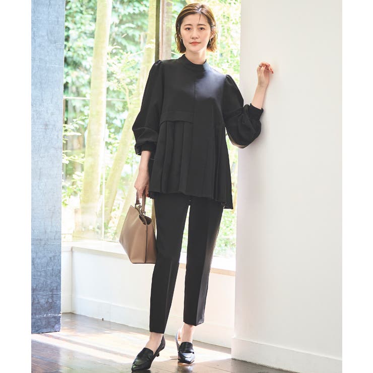 ブラック(BL) | 【ストレッチ】アシメプリーツトップス＆テーパードパンツ | RUIRUE BOUTIQUE