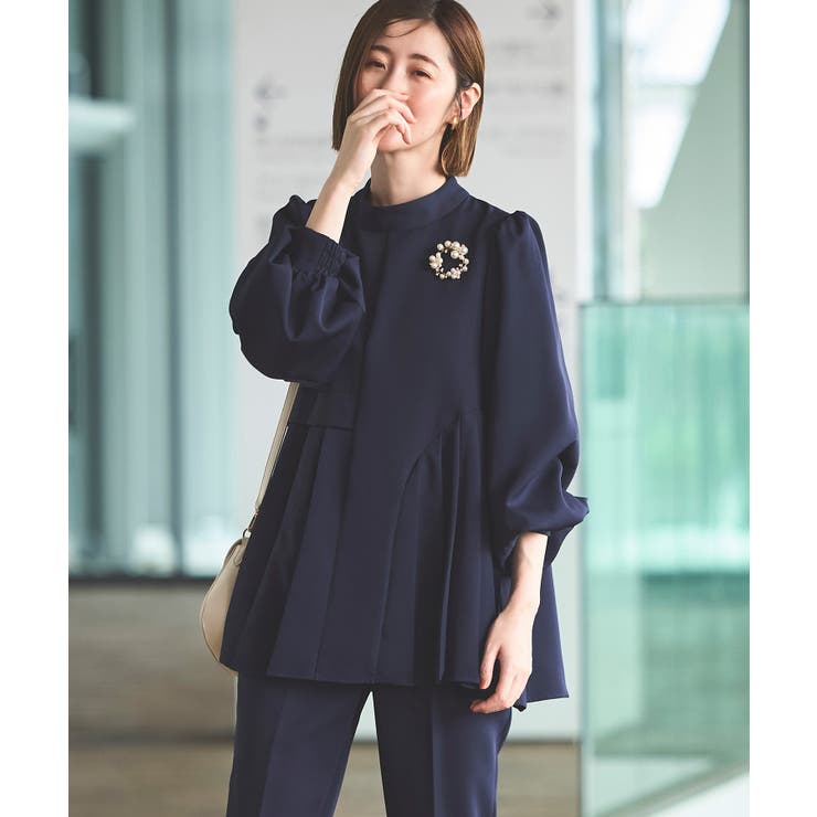 ネイビー(NE) | 【ストレッチ】アシメプリーツトップス＆テーパードパンツ | RUIRUE BOUTIQUE