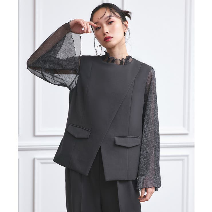 チャコール(DGY) | フロントスリットジレ＆ラメトップス＆タックワイドパンツ3点セットアップ | RUIRUE BOUTIQUE