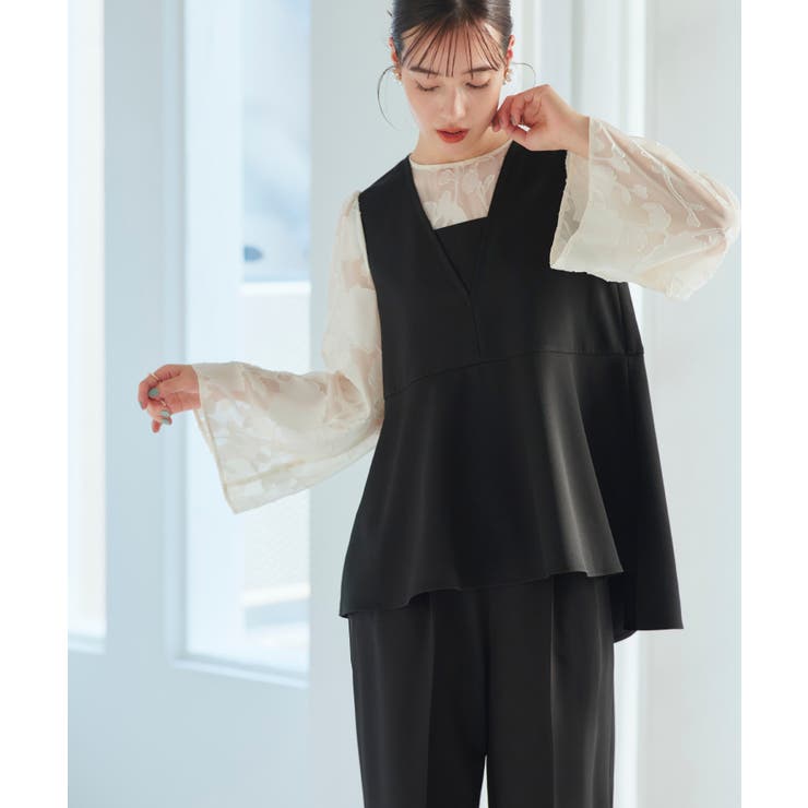 ブラック×オフホワイト(BLZ) | 華やぎセットアップドレス シアーカットジャカードトップス&セミワイドパンツ | RUIRUE BOUTIQUE