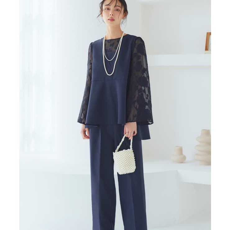 ネイビー(NE) | 華やぎセットアップドレス シアーカットジャカードトップス&セミワイドパンツ | RUIRUE BOUTIQUE