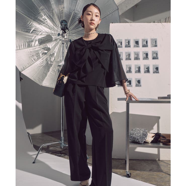ブラック(BL) | アシンメトリーリボントップスセットアップ | RUIRUE BOUTIQUE