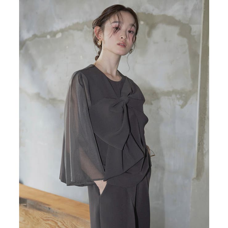 チャコール(DGY) | アシンメトリーリボントップスセットアップ | RUIRUE BOUTIQUE
