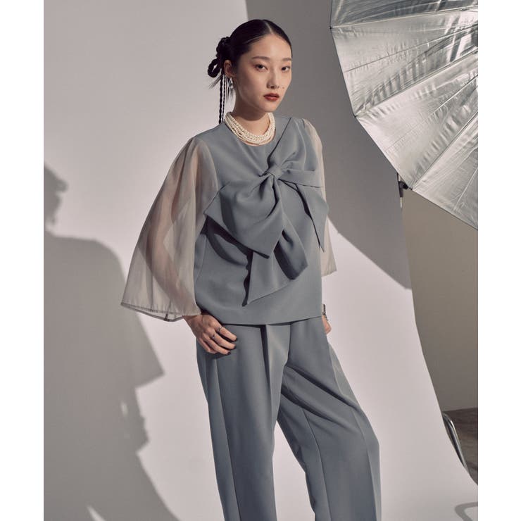 ペールブルー(PBU) | アシンメトリーリボントップスセットアップ | RUIRUE BOUTIQUE