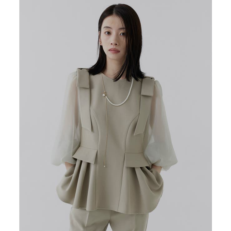 ライトベージュ(PBE) | ショルダーリボンペプラムセットアップ | RUIRUE BOUTIQUE