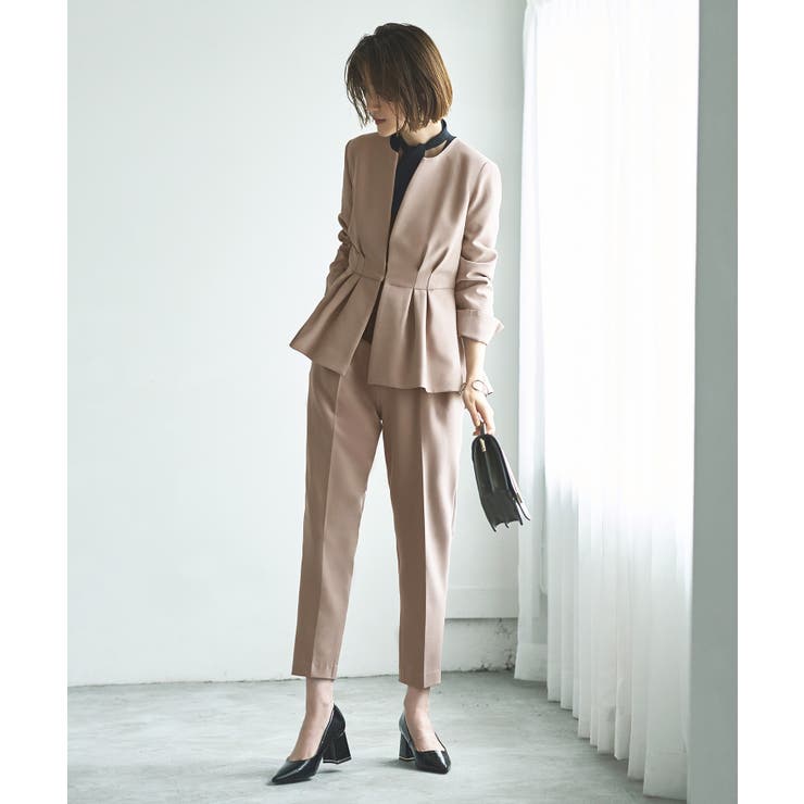 ベージュ×ブラック(2BE) | ノーカラーウエストタックペプラムパンツスーツ3点セット | RUIRUE BOUTIQUE