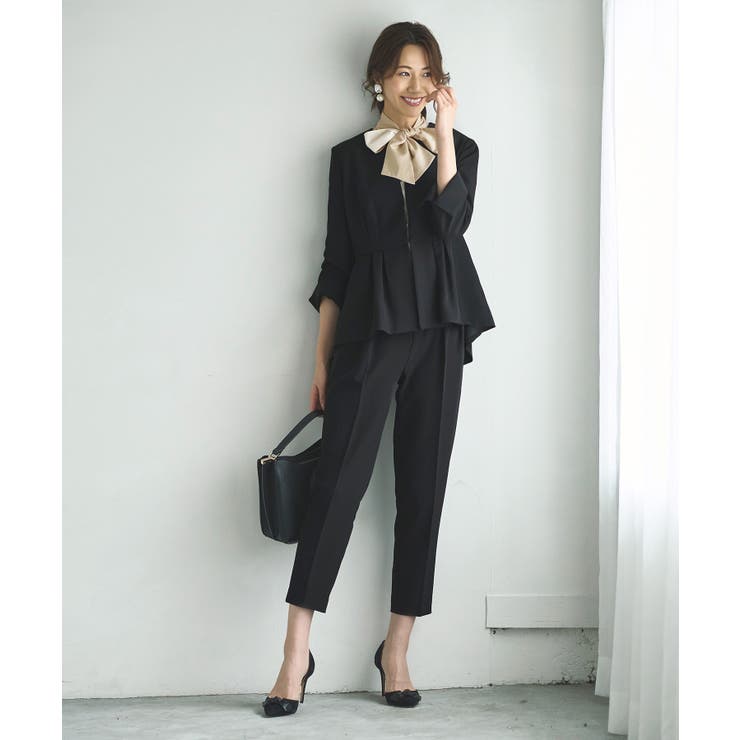 ブラック×ベージュ(2BL) | ノーカラーウエストタックペプラムパンツスーツ3点セット | RUIRUE BOUTIQUE