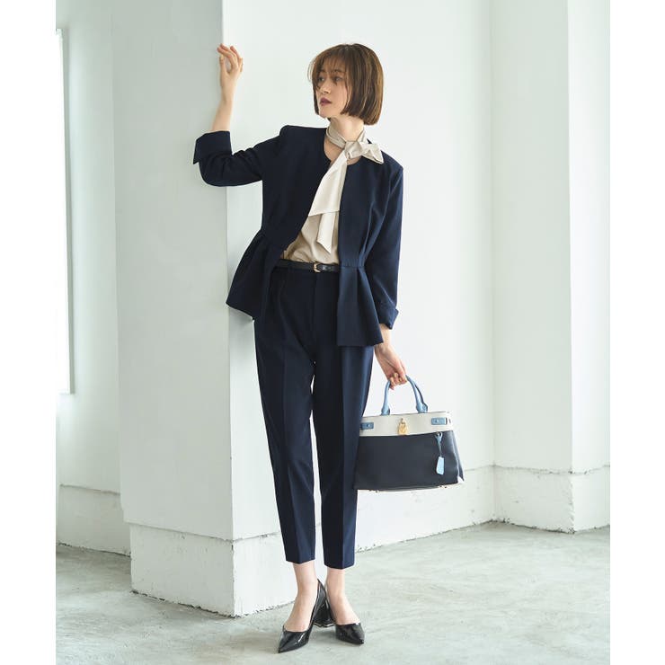 ネイビー×グレー(2NE) | ノーカラーウエストタックペプラムパンツスーツ3点セット | RUIRUE BOUTIQUE
