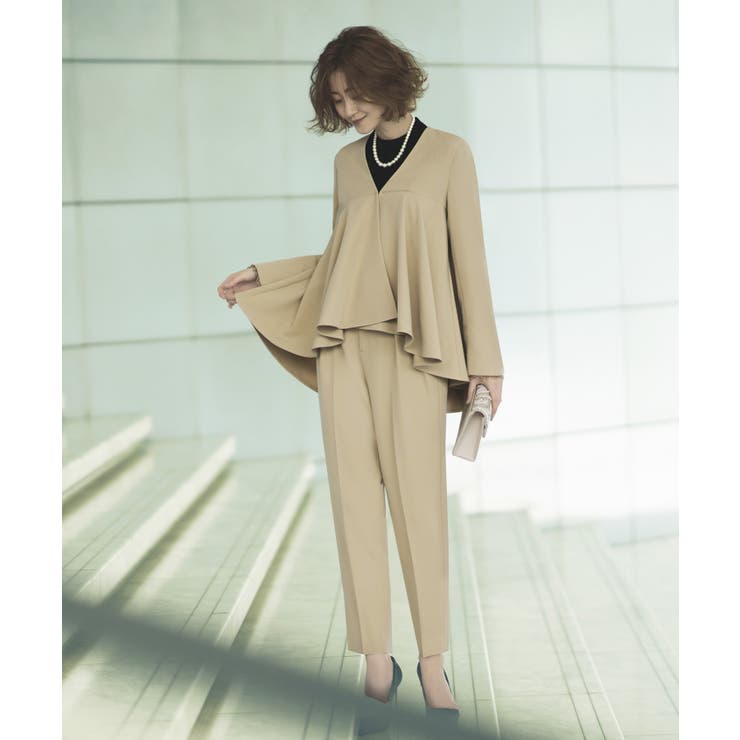 ベージュ(BE) | ノーカラーフレアーペプラムパンツスーツ | RUIRUE BOUTIQUE