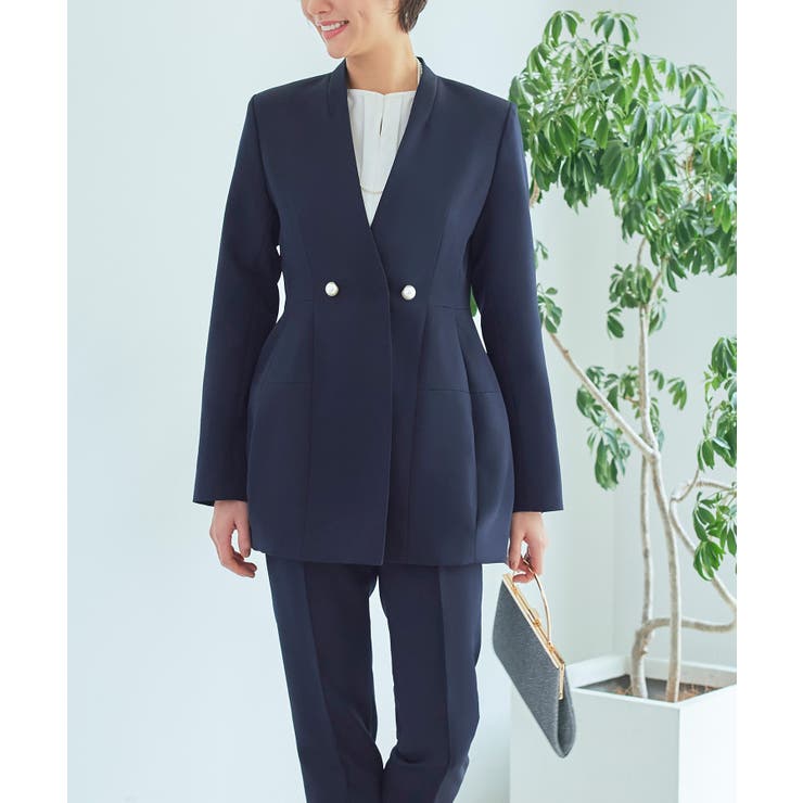 ダークネイビー(NE) | ノーカラーコクーンペプラムスリムパンツスーツ | RUIRUE BOUTIQUE