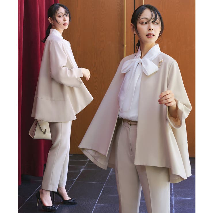 ベージュ(BE) | ノーカラーフレアジャケット＆テーパードパンツセットアップスーツ | RUIRUE BOUTIQUE