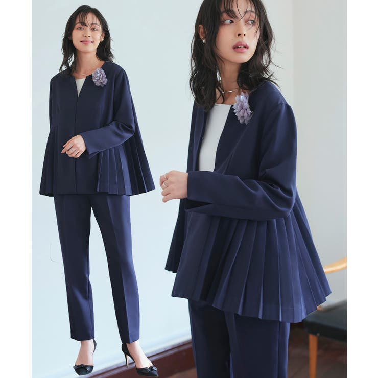 ネイビー(NE) | サイドプリーツジャケット＆テーパードパンツセットアップスーツ | RUIRUE BOUTIQUE