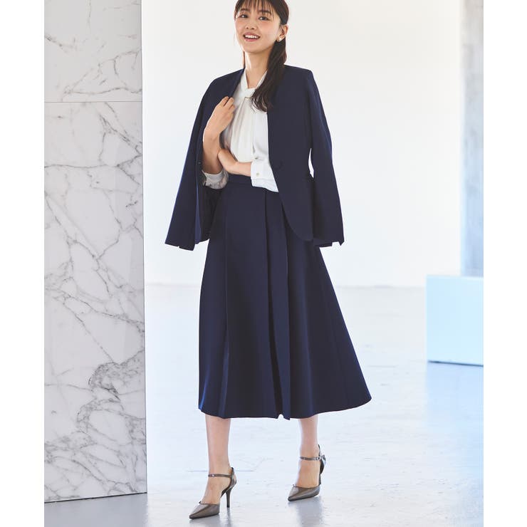 ネイビー(NE) | 【洗える ストレッチ】楽ちんベーシックスーツ ノーカラージャケット | RUIRUE BOUTIQUE