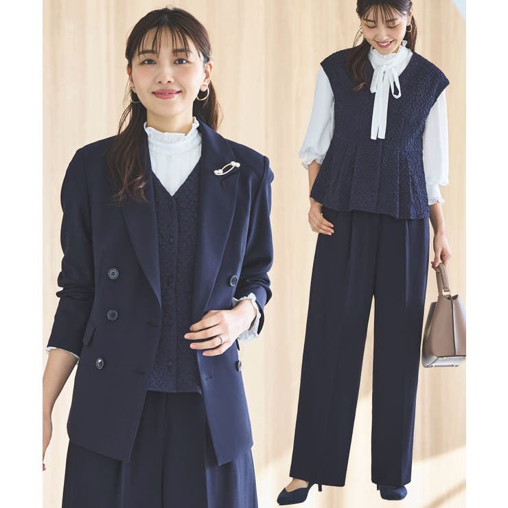 ネイビー(NE) | ピークドラペルダブルジャケット＆プリーツトップス＆タックワイドパンツ3点スーツセ… | RUIRUE BOUTIQUE