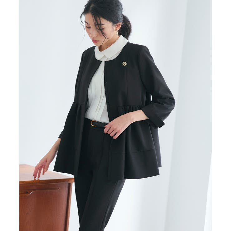 ブラック(BL) | ノーカラーギャザーペプラムスリムパンツスーツ | RUIRUE BOUTIQUE